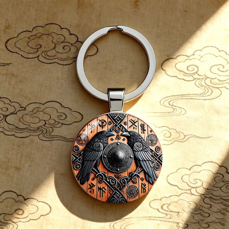 Round Glass Keychain with Celtic Knot and Raven Design, Viking Decoration - Popular Pattern for Men and Women Round Glass Keychain with Celtic Knot and Raven Design, Viking Decoration - Popular Pattern for Men and Women