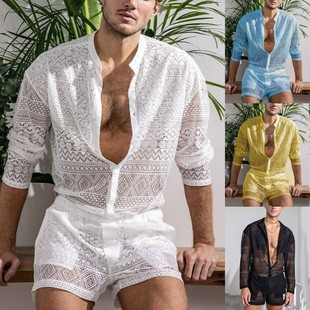 Cross-border trade 2024 Europe and the United States summer men's fashion hollow sexy lace long sleeve casual shorts two-piece suit