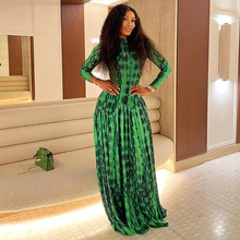 欧美风ins跨境复古气质女装褶皱大摆A字裙高领长袖印花收腰连衣裙