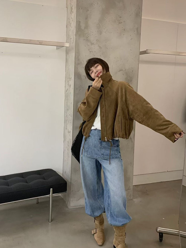 复古翻领麂皮绒外套女欧洲站2025年秋季新款韩版抽绳时尚夹克上衣|undefined