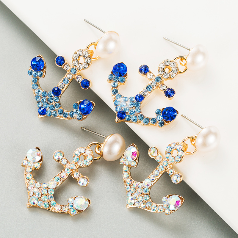 Retro Anchor Pearl Alloy Full Diamond Earrings display picture 2