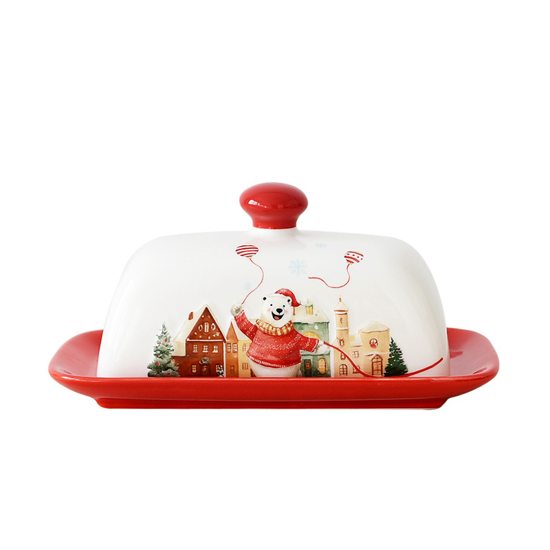 Cerámica de Navidad oso polar estilo sombrero de Navidad cerámica plato de mantequilla relieve nuevo