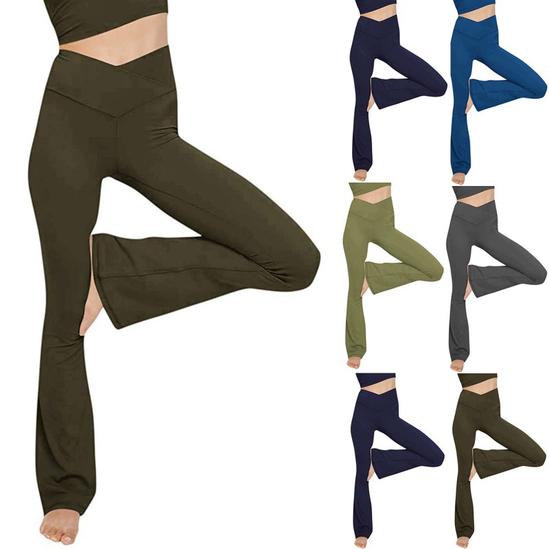 当季亚马逊跨境新款女士高腰V型交叉休闲运动健身提臀喇叭瑜伽裤
