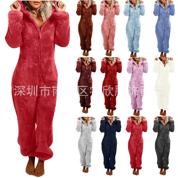 2024 European and American Autumn and Winter Models Cross-Border Foreign Trade Fleece-Lined Thickened Furry Jumpsuit Hooded Pajamas for Women in 22 Colors
