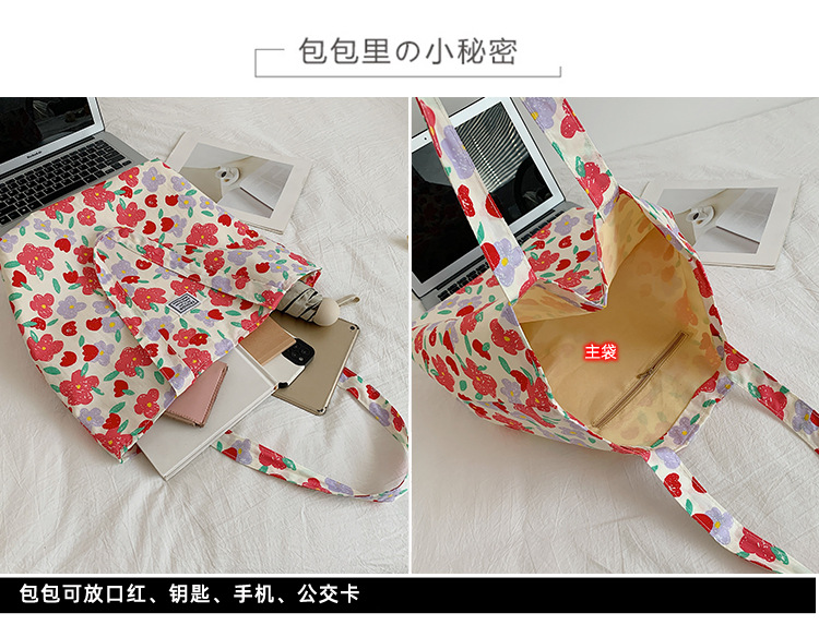 The large-capacity single-shoulder bag for student commuting is a bestseller in early spring. The Korean-style fresh and simple floral fabric bag is a versatile tote bag details Picture