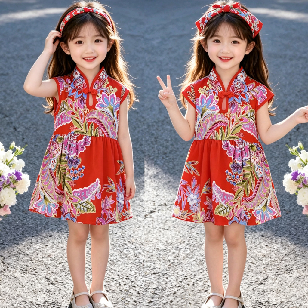 New summer style Chinese-style dress for girls, fashionable baby Tang suit short-sleeved dress, children's summer wear, red floral print