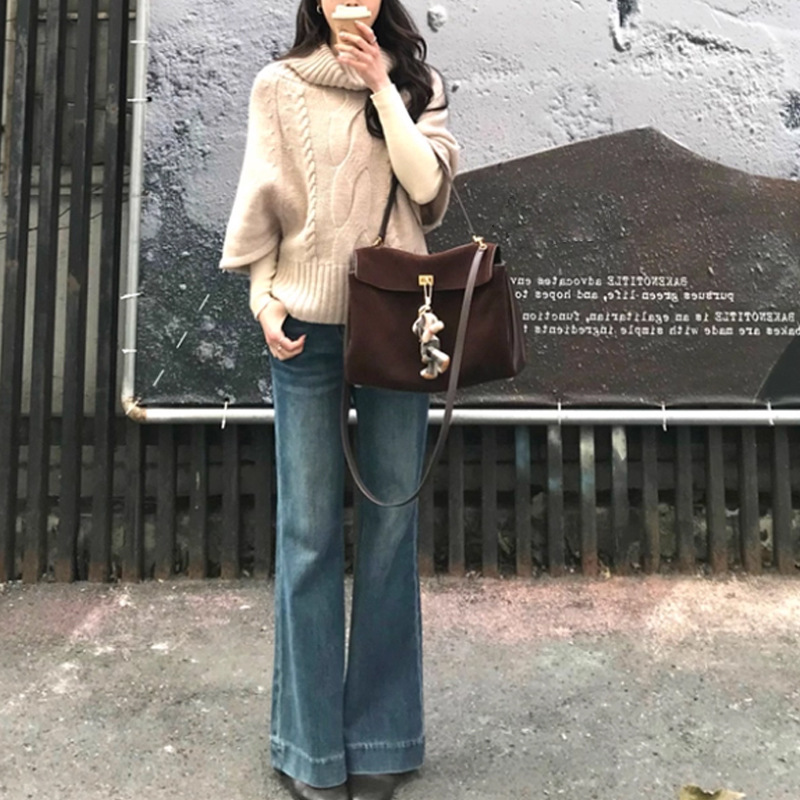 时髦通勤风麻花针织套头斗篷羊毛毛衣女秋冬宽松高领打底针织衫女|undefined