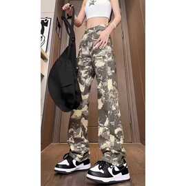 迷彩工装裤子潮女夏季高级感修身休闲长裤直筒微喇牛仔裤