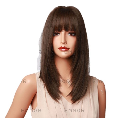 Cross-border foreign trade European and American wigs with bangs, black brown shoulder-length straight hair, tail curls to modify the face shape, high-temperature silk Wigs