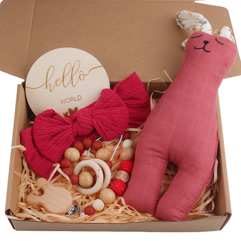 Clip de chupete de madera de haya de conejo de dibujos animados para bebés, banda para el cabello con lazo para bebés, cadena de chupete, juego de cinco piezas