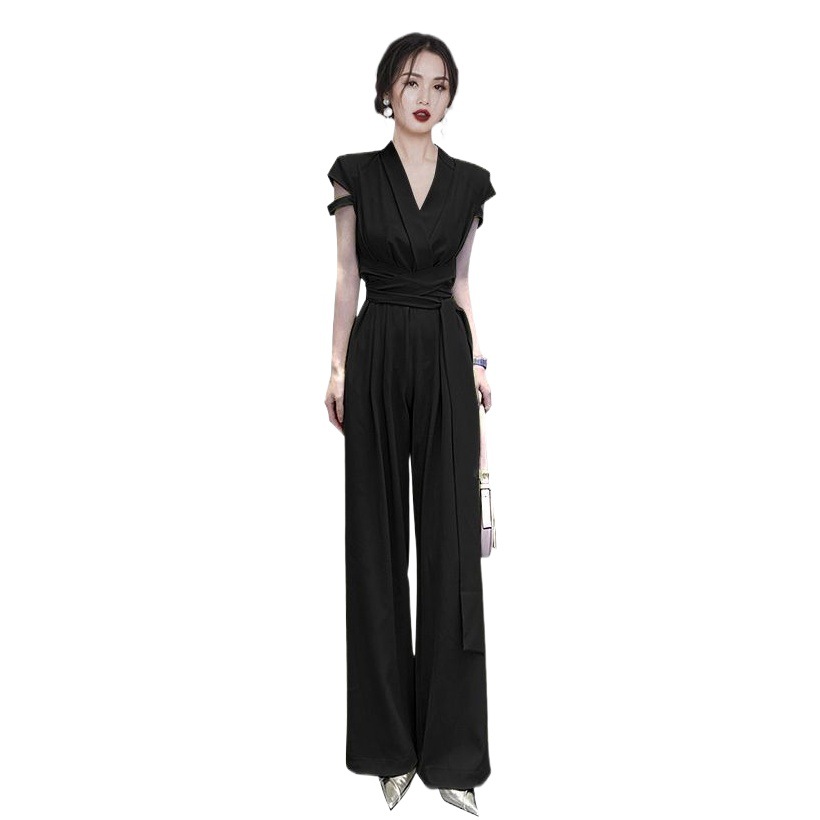 Sentido del cinturón de temperamento de cintura con cuello en V para damas, pantalones delgados de pierna ancha 2023 nuevo mono Yujie Fan transfronterizo