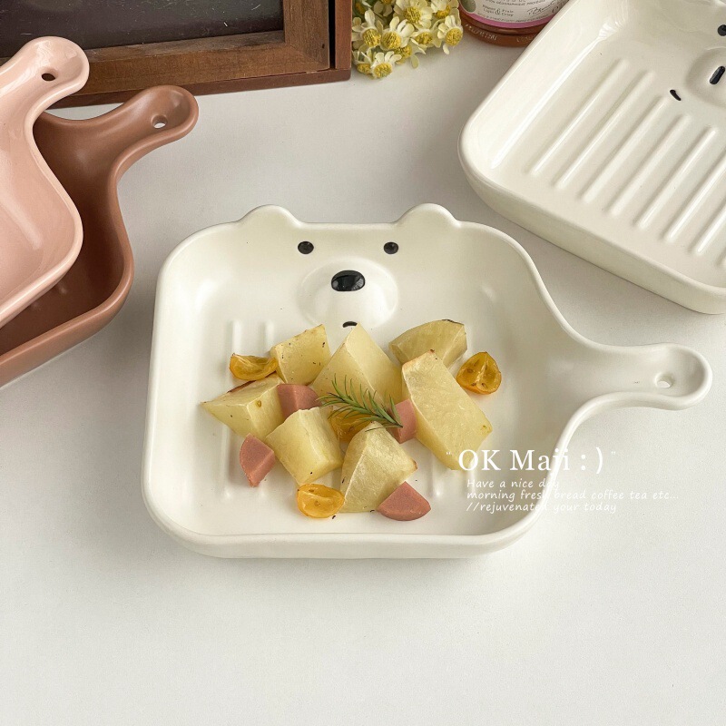 Good-Looking Breakfast Plate, High-End Dish Plate, Ceramic Handle Plate, Korean Baking Pan, Oven Dining Plate, Cute Baked Rice Plate