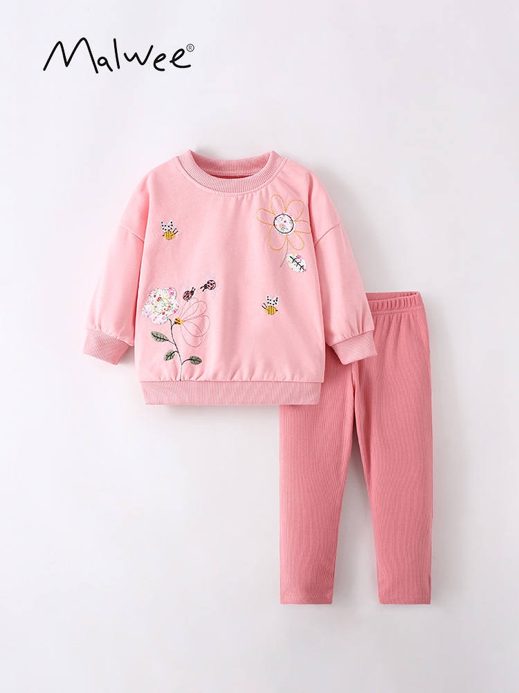 Malwee set de niñas otoño y invierno nuevo estilo europeo y americano de niños pequeños y medianos cuello redondo mangas largas pantalones de cintura elástica para niños dos piezas set