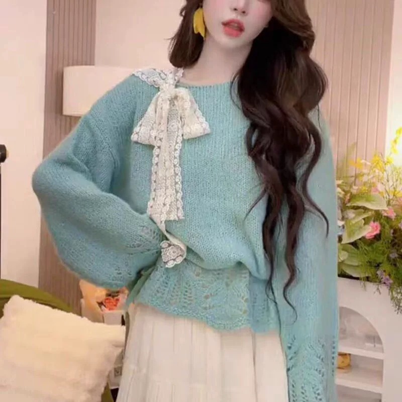 甜美蝴蝶结镂空针织衫毛衣女早秋新款设计感小众宽松显瘦上衣外套|undefined