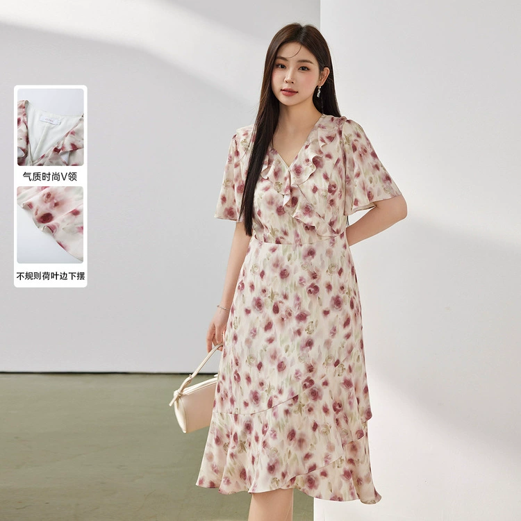 Сплошное шоу большого размера женская французская легкая зрелая ветерка нежный темперамент V-образный вырез с рюшами платье жирный мм летнее новое