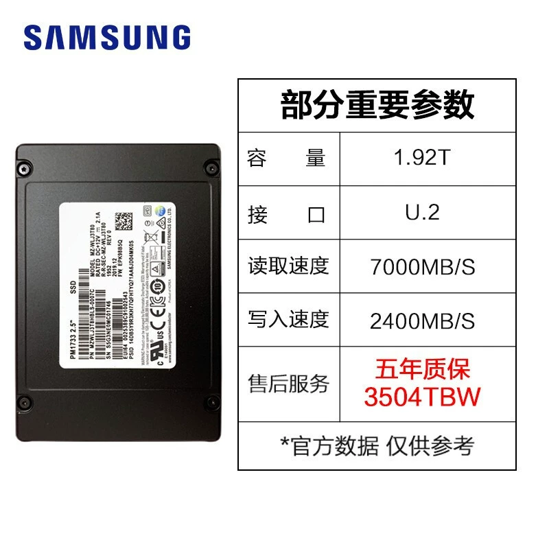 Samsung PM1733 1.92T 3.84T 7.68T 15.36T enterprise-level solid-state hard drive U.2 interface