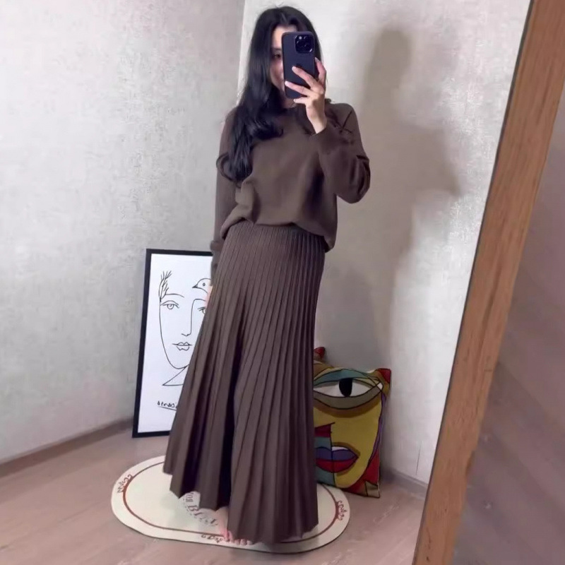 欧美亚马逊跨境外贸新款时尚通勤气质圆领纯色长袖压褶百褶裙套装|undefined