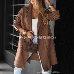 25欧美女装秋冬大衣中长款加厚颗粒绒毛呢翻领拼布梭织袖夹克外套