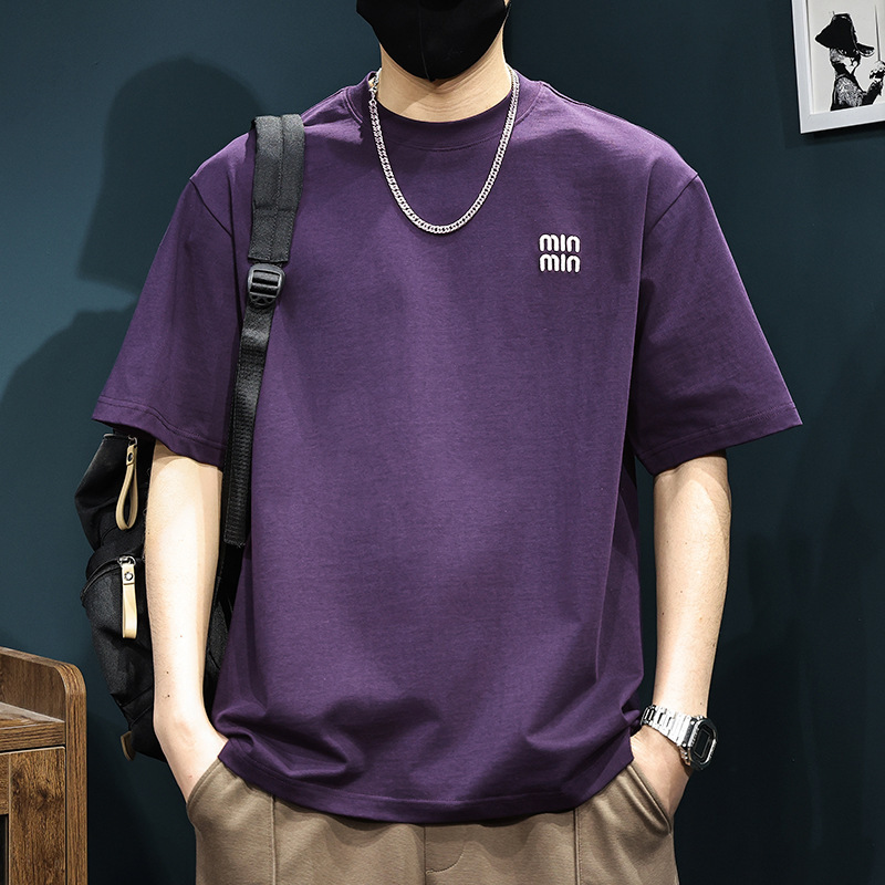 300g Heavyweight Purple Men's Short-Sleeved T-Shirt Embroidered Summer Hot Style 2025 New Trendy Brand Casual T-Shirt