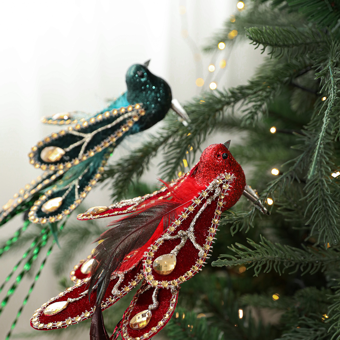 Árbol de Navidad pájaros pájaros clips de diamante de colores plumas simulación pájaros horticultura ramas decoración accesorios