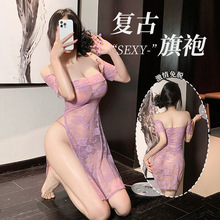 情趣内衣性感纯欲蕾丝一字领制服紫色裙连衣裙纯欲诱惑睡衣大码装