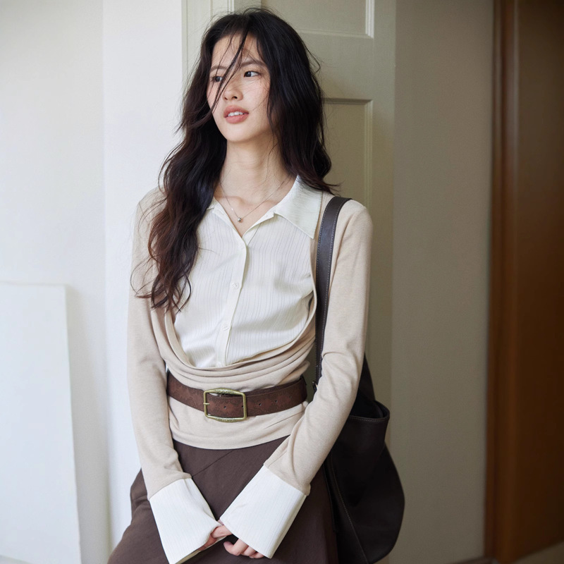 贰羊设计【苏予】假两件衬衫拼接针织衫女新款设计感缎面衬衣|undefined
