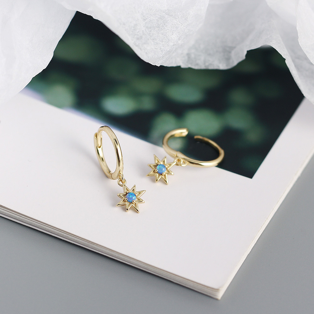Plating Craft White, Gold Color Yhe0343 S925 Silver Geometric Octagonal Star Opal Earrings Small Fresh Earrings