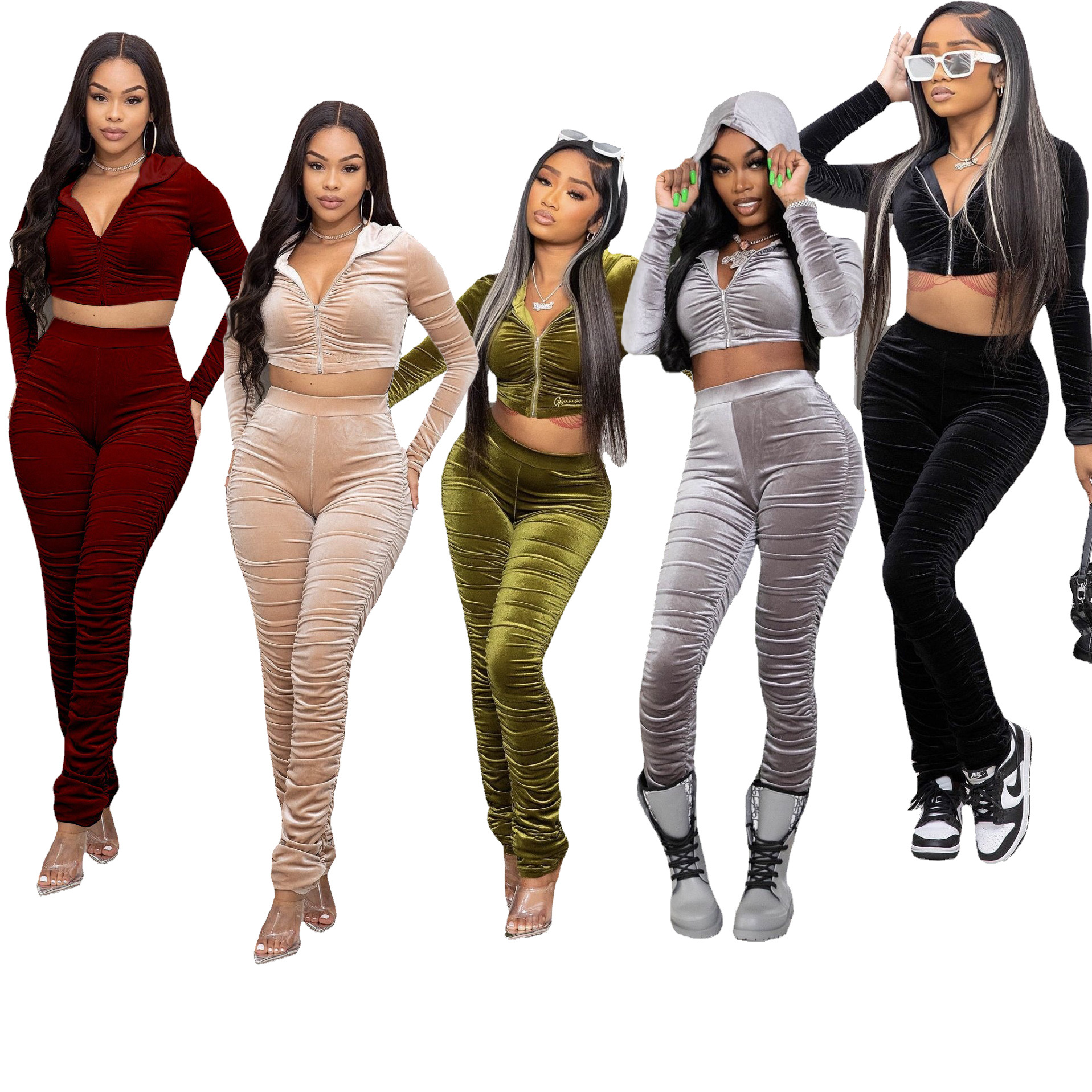 SJ3330 外贸跨境女装 韩国绒叠堆折皱连帽纯色休闲运动套装  5色