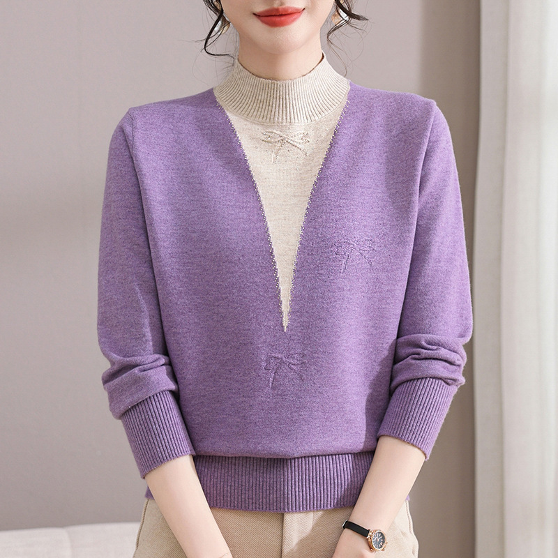 Autumn Mother's Knitwear, Middle-Aged and Elderly Women's Knitwear, Fake Two-Piece Women's Bottoming Shirt, Mother-In-Law's Autum Top
