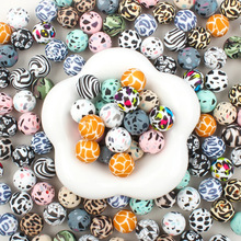 热销欧美15mm豹纹奶牛印花圆珠硅胶珠diy水转印串珠饰品配件散珠