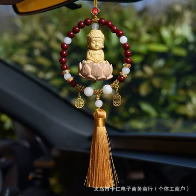 Bodhi Peach Wood Car Hanging Car hanging - peaceful-buddha-charm-gold-finish