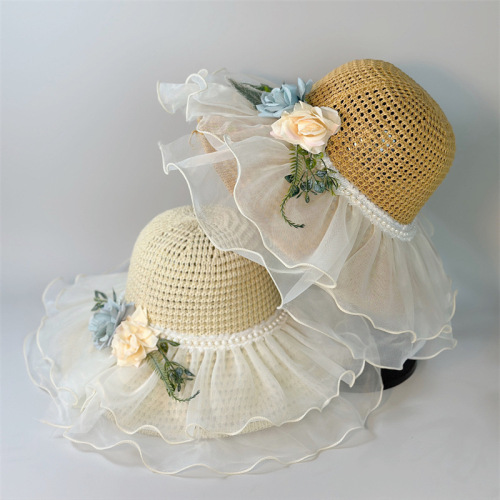 New French lace pearl flower fisherman hat for women, summer foldable sunshade travel vacation sun protection hat