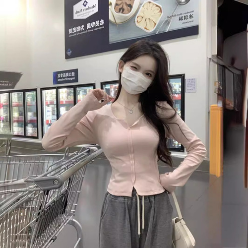 Korean 2024 Early Spring New Korean Pure Desire High-Low Design Women's Long-Sleeve T-Shirt American Style Top