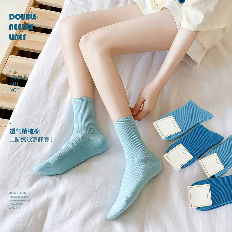 Женские летние тонкие однотонные японские носки до середины икры с милыми универсальными носками, простые синие носки до середины икры