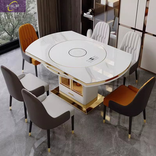 Modern Multifunctional Warm Dishes Induction Cooker Dining Table Rock Board Living Room Dining Table Combination Turntable Telescopic Folding Household Round Table
