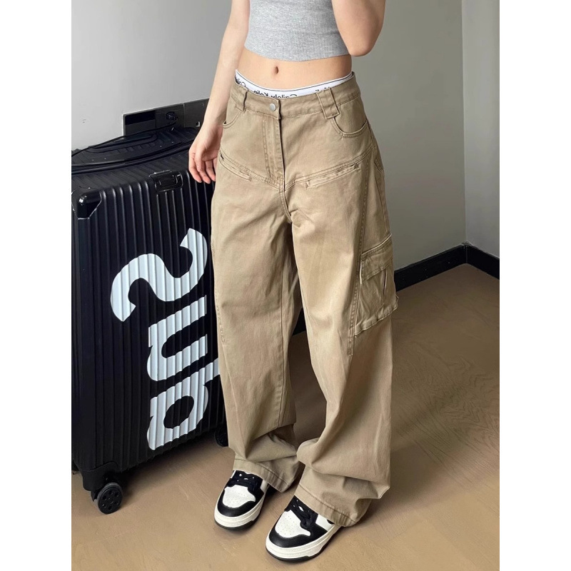 American Retro Design Multi-Pocket Logging Tooling Pants Trendy Harajuku Loose Straight Casual Wide Leg Jeans Women