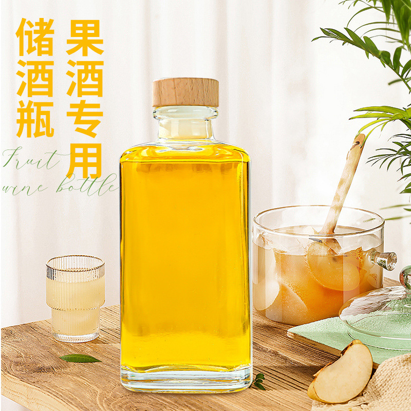 晶質料玻璃果酒瓶木紋蓋洋酒瓶加厚密封酒瓶四方玻璃瓶批發