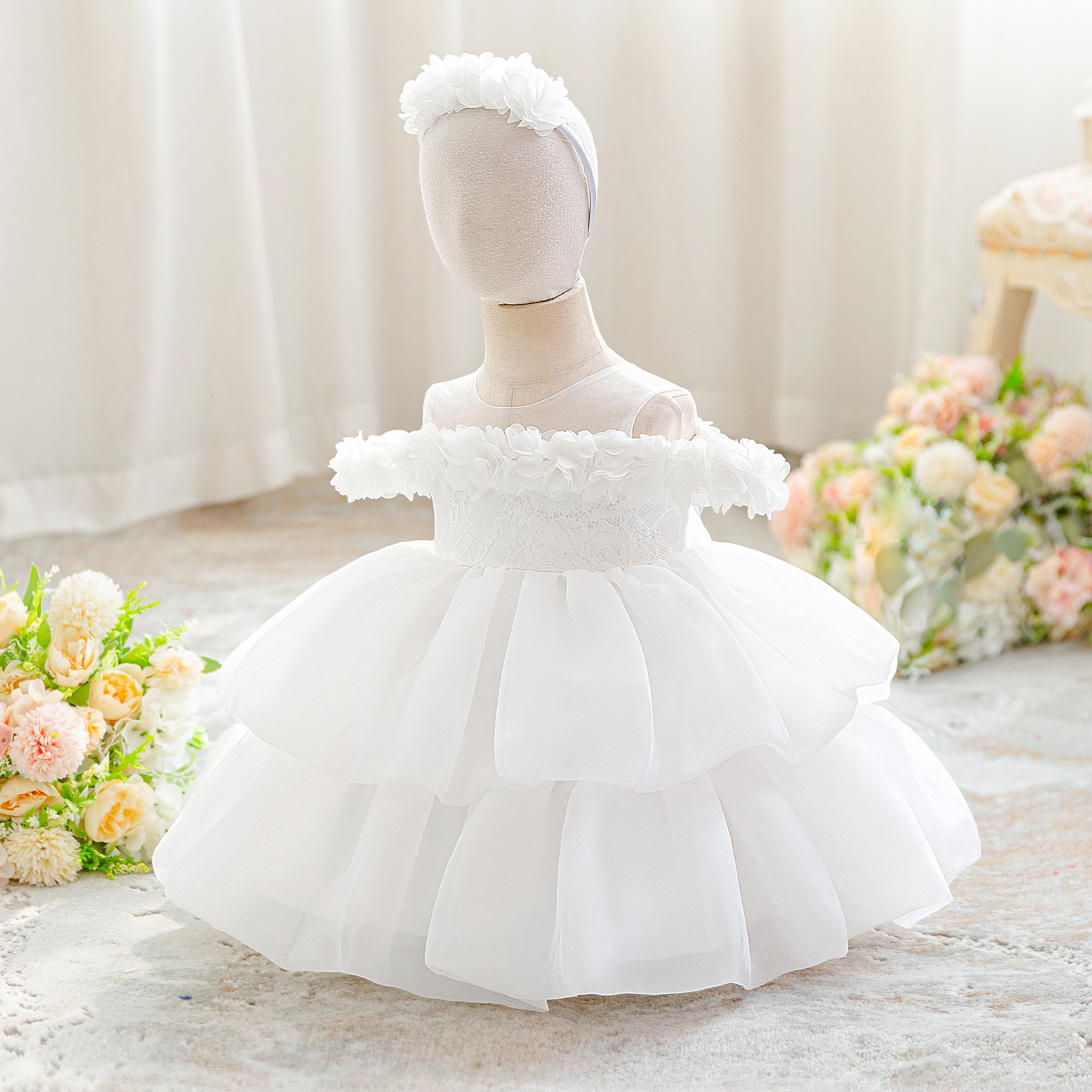[Con accesorios] ropa infantil niñas vestido blanco vestido de aniversario vestido de cumpleaños vestido de princesa de malla de encaje