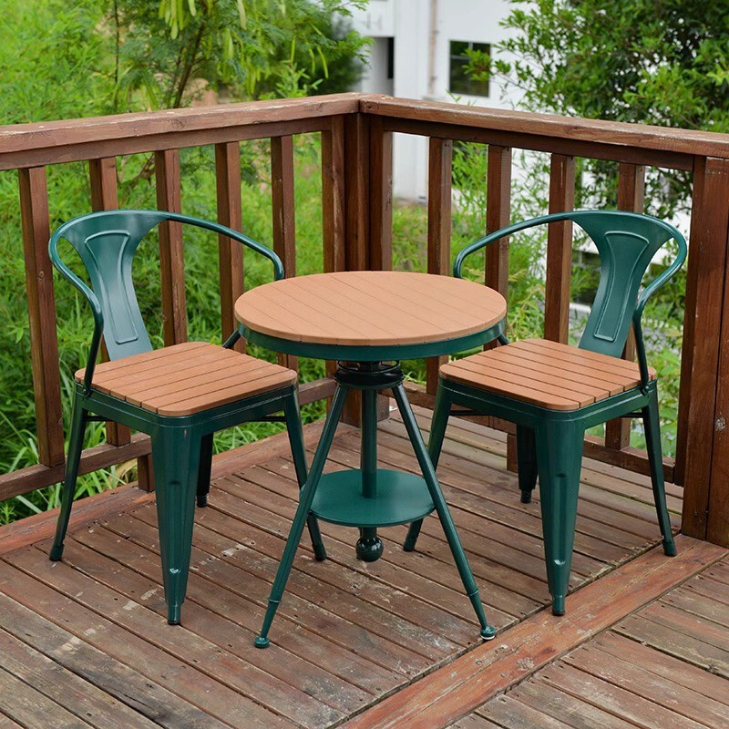 Balcony small table and chairs, popular outdoor cafe set with one table and two chairs, simple outdoor courtyard anti-corrosion plastic wood table and chair combination