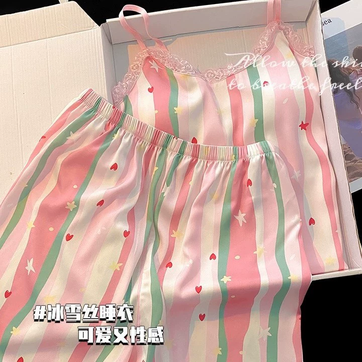 Летняя пижама ветра женский симулировочный шелк сексуальный подтяжка Сладкая девушка домашняя одежда с нагрудным ковриком набор высокой текстуры