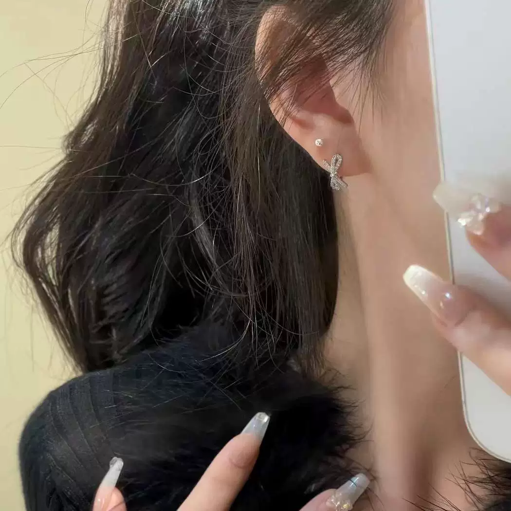 Earrings with bow with zircon, micro incrustation, internet celebrity