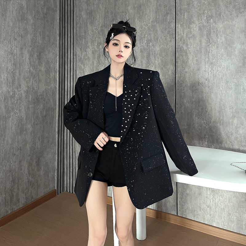 Gypsophila Sequin Design Korean Style Loose Black Suit Jacket for Men and Women, Casual Suit with Super Good Looks
