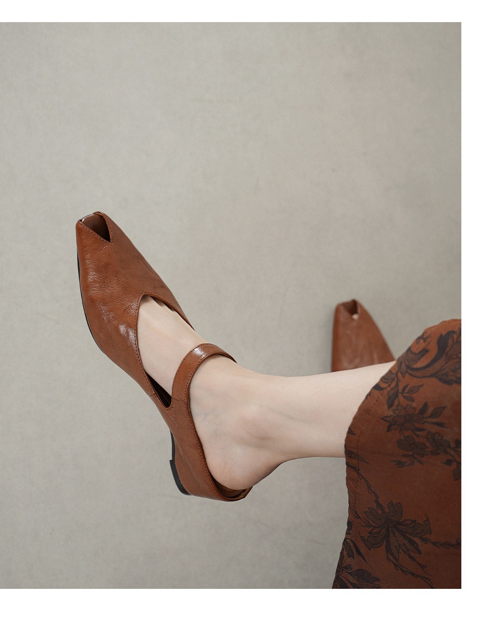 Sandal nữ mũi nhọn quai ngang gót vuông 7 cm da cừu — đen chi tiết 6