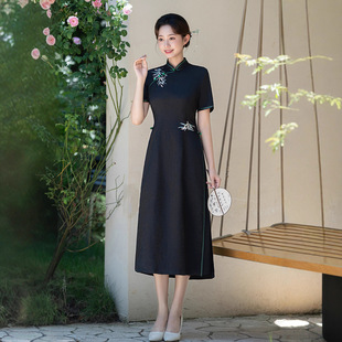 2025新中式黑色改良日常氣質收腰短袖國風旗袍