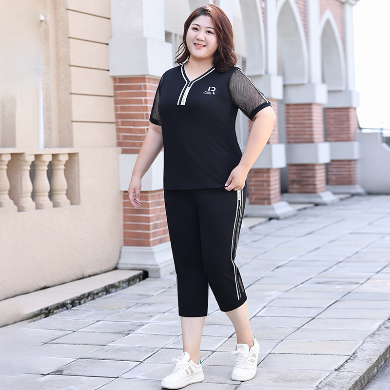 Summer New Fat People Short-Sleeved Sports and Leisure Suits for Women Two-Piece Large Size Women's Sweat-Wicking Quick-Drying Cropped Pants for Women