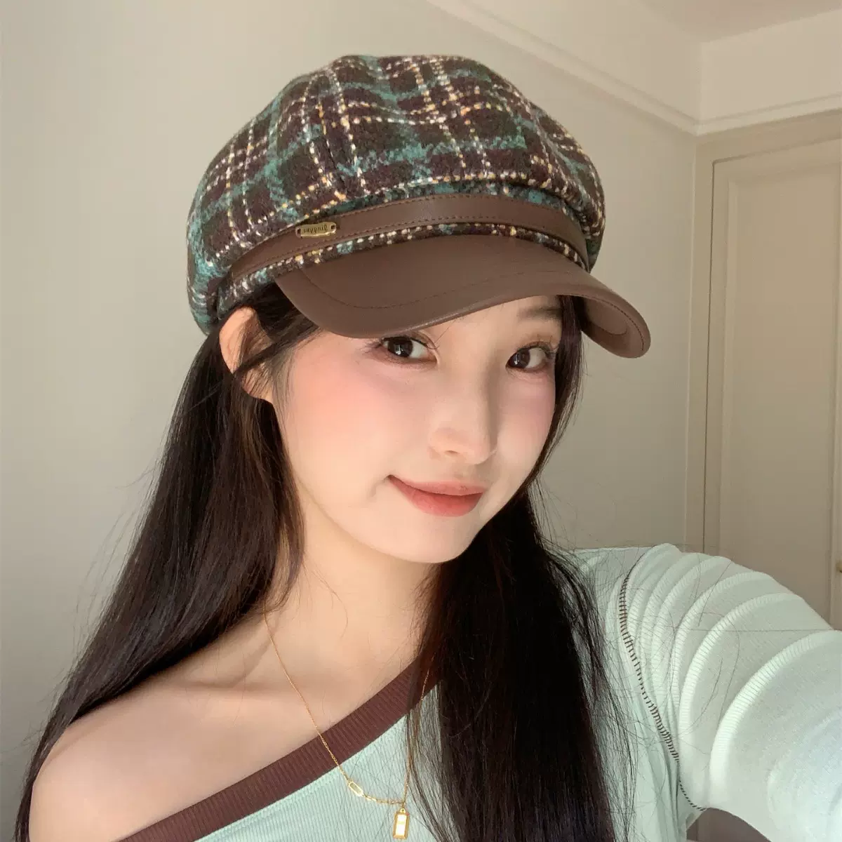 绿野仙棕~秋冬新款毛呢格子贝雷帽女韩系pu皮复古气质时尚八角帽