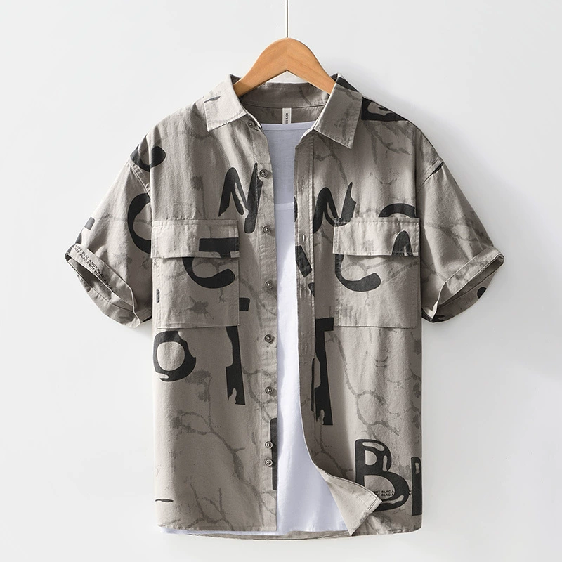 2198 Повседневная рубашка с квадратным воротником, свободного кроя, с короткими рукавами, из чистого хлопка, модная рубашка с двойным воротником и английским принтом, дропшиппинг