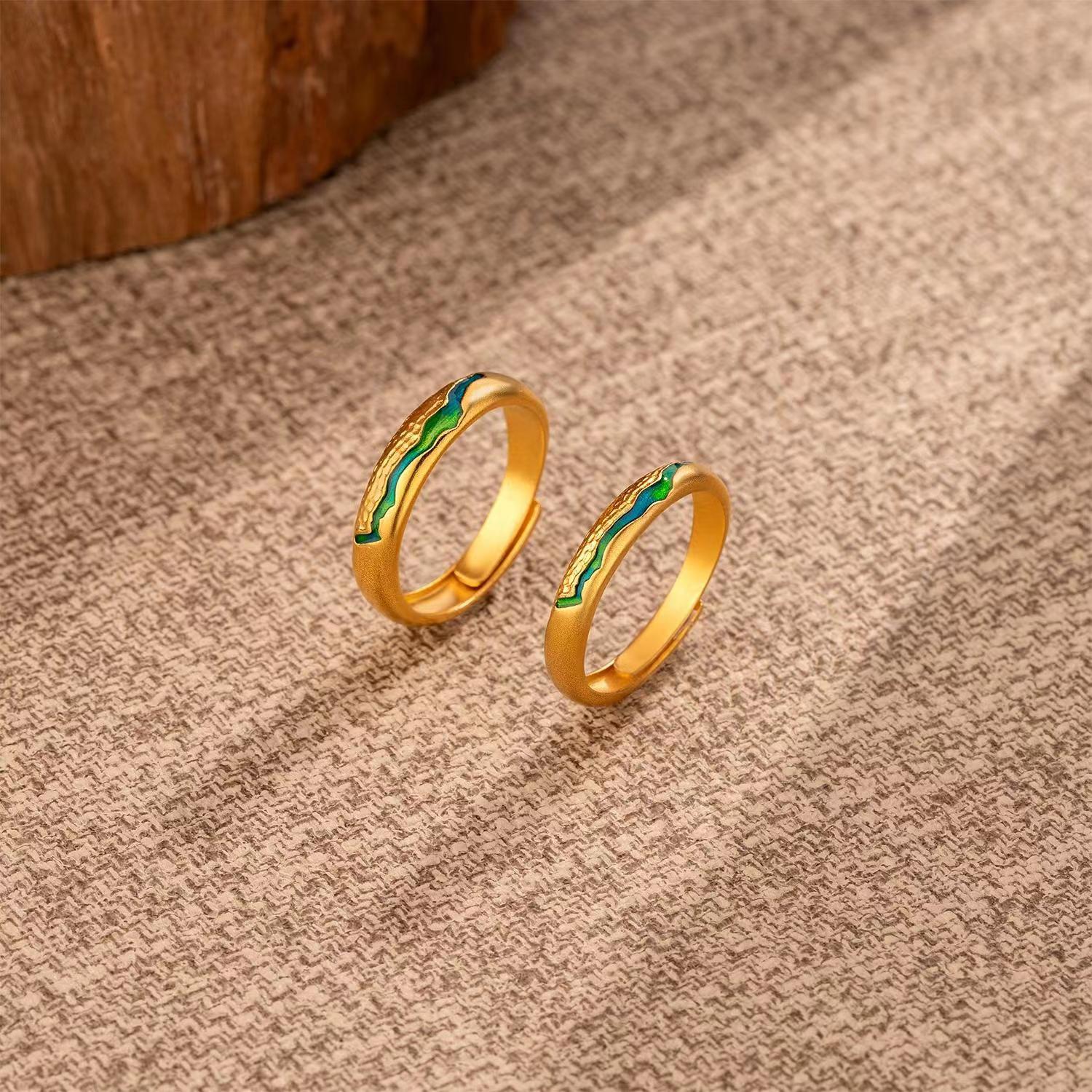 Qianli Jiangshan Ring Men's and Women's Fashionable New Chinese Style Ancient Sands Gold Design High-grade Feeling Elegant Couple's Ring