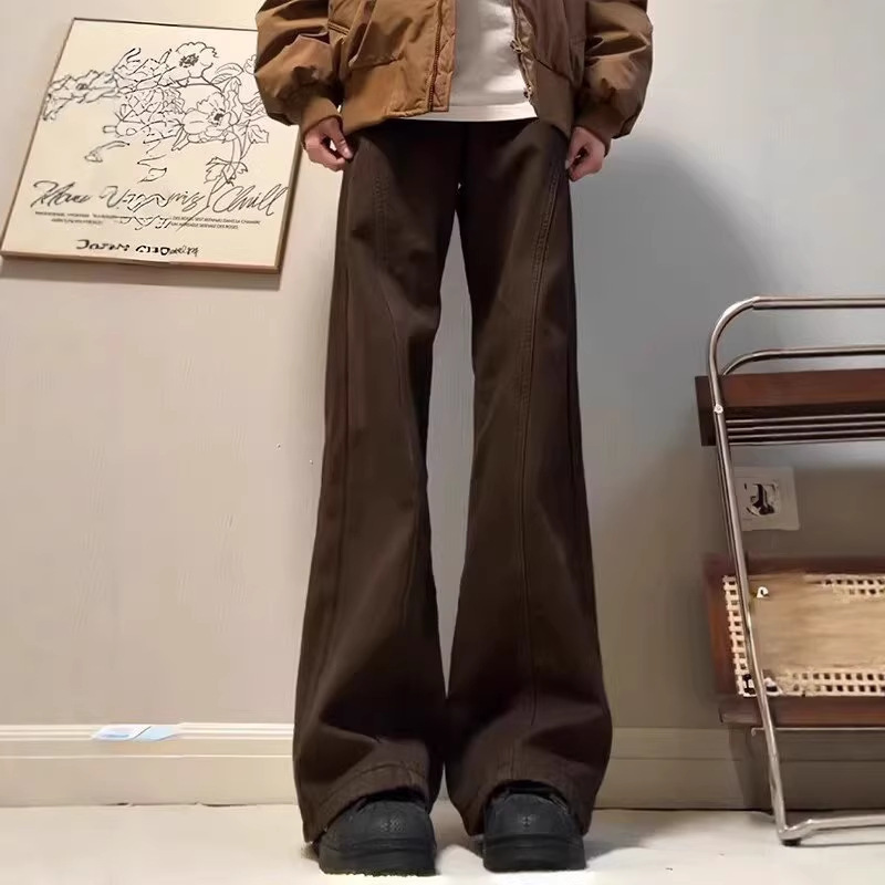 High Street Cleanfit Melard Workwear Jeans for Men, Diagonal Cut, Deconstructed Patchwork, Loose Straight-Leg Brown Casual Pants