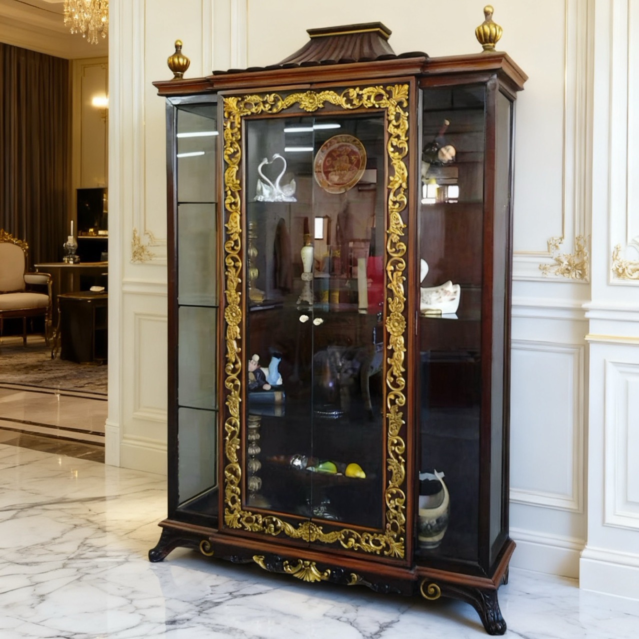 欧式餐厅家具 奢华别墅玻璃展示柜 欧式古典实木雕花四门玻璃酒柜